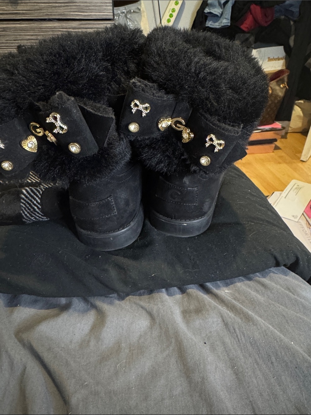 Juicy Couture Black Faux Fur Cuff Kids Boots with Gold Charms
